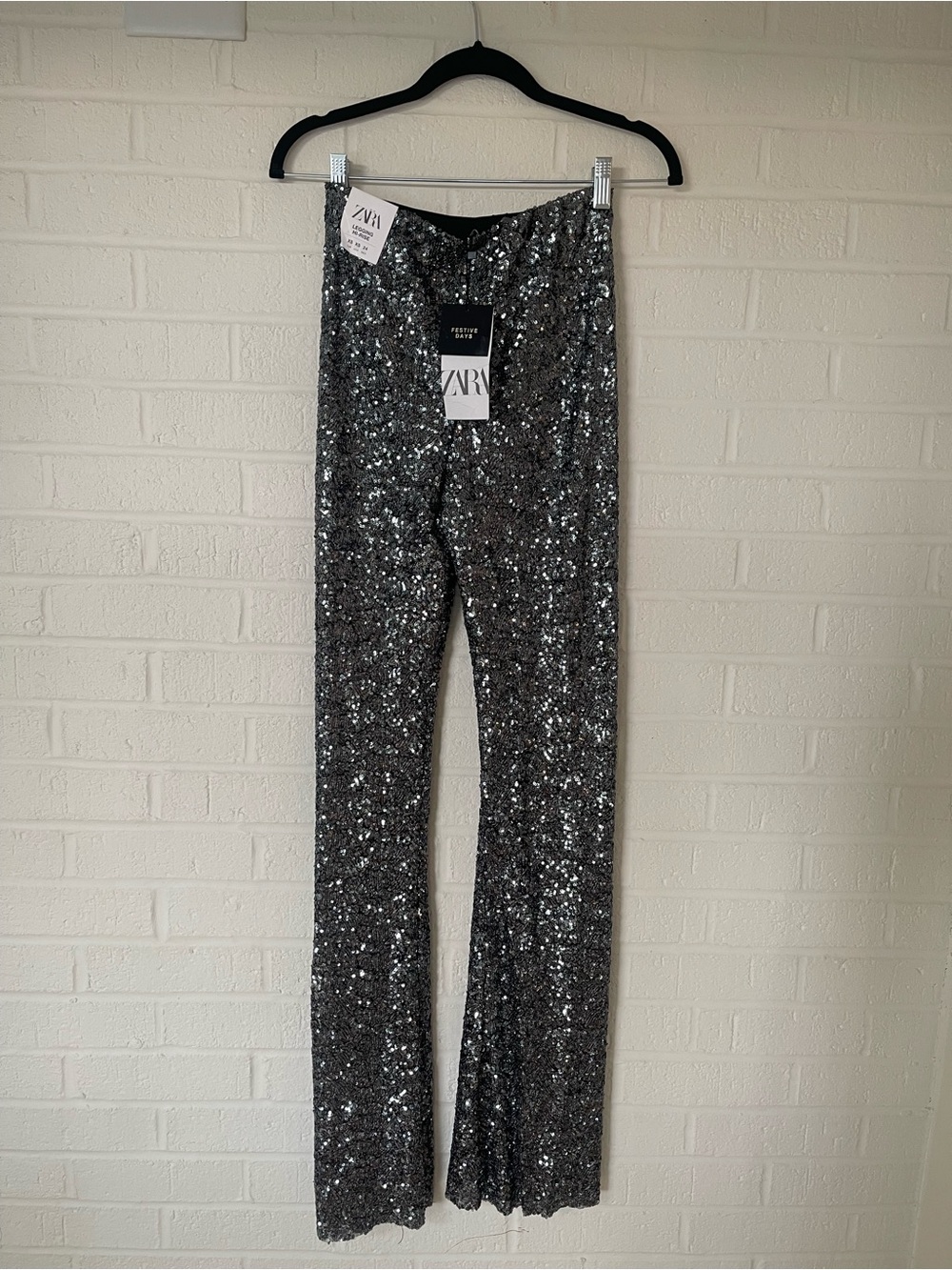 NWT Zara Festive Days Silver Sequin High Rise Flare Pants XS - Picture 1 of 6